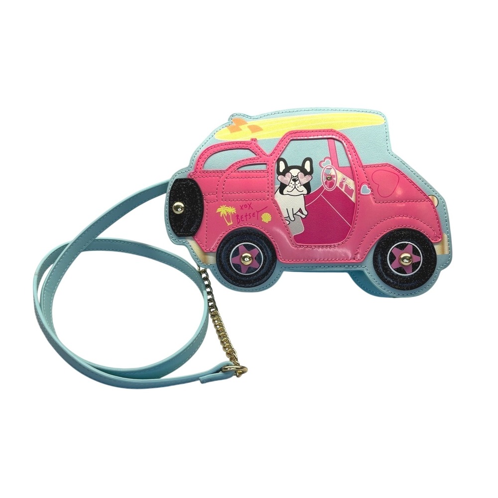 Betsey Johnson Crossbody Bag Womens Small Blue Pink Frenchie Car Novelty Purse
